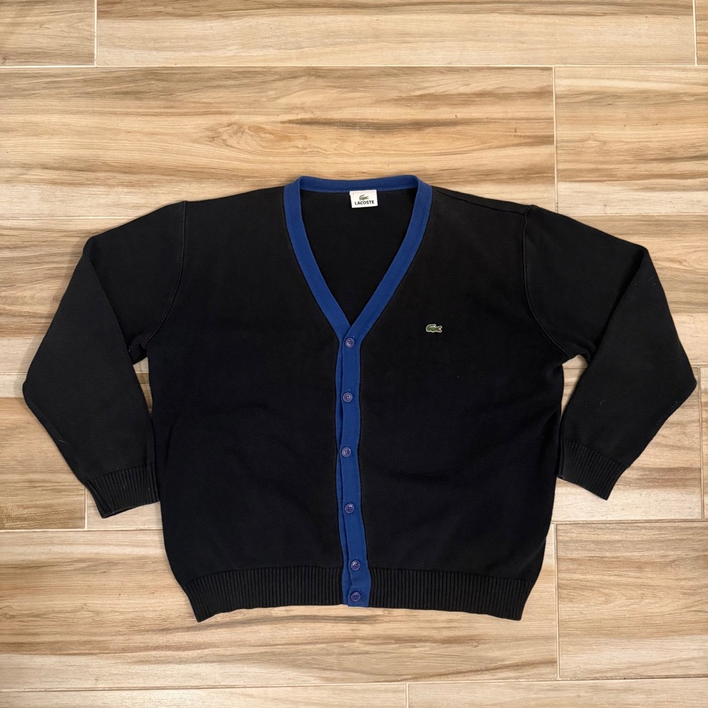 Lacoste Mens Cardigan Sweater Black Blue Trim V-Neck Size 7 XL XXL Cotton Blend